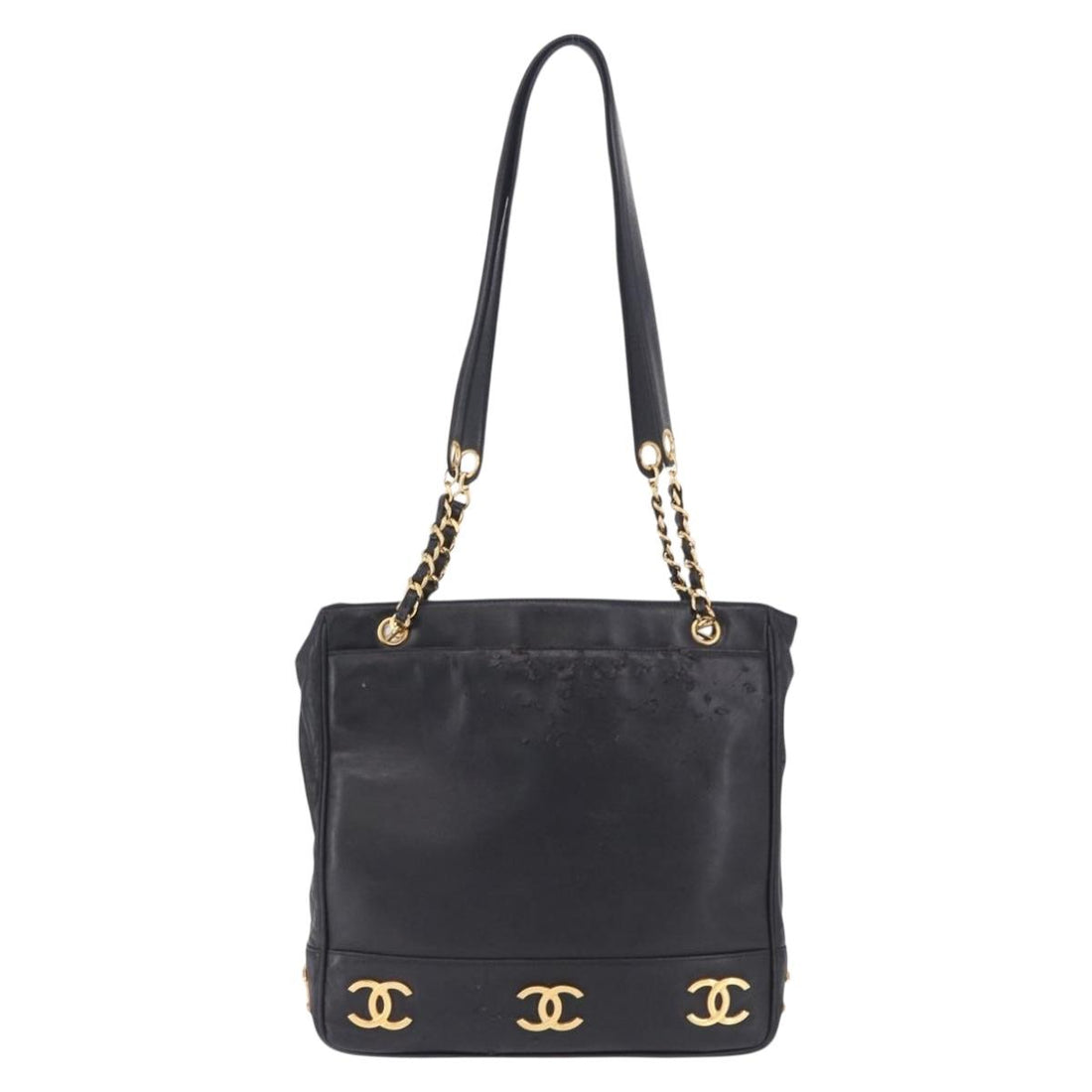 CHANEL Triple Coco Chain Shoulder Tote Bag Leather Black Gold CC Auth 198357