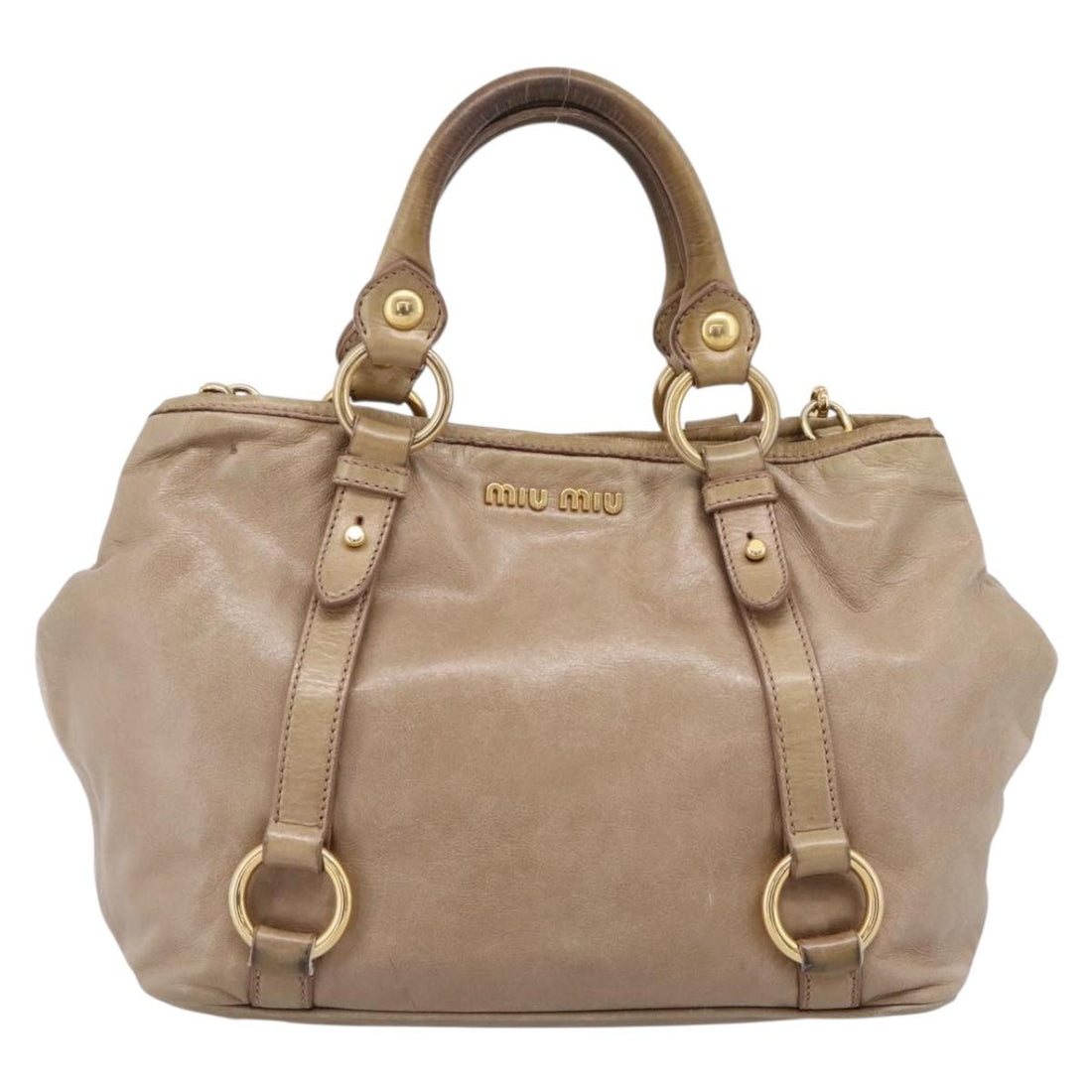 Miu Miu Hand Bag Vitello Lux Leather 2way Beige Gold Auth 197516A