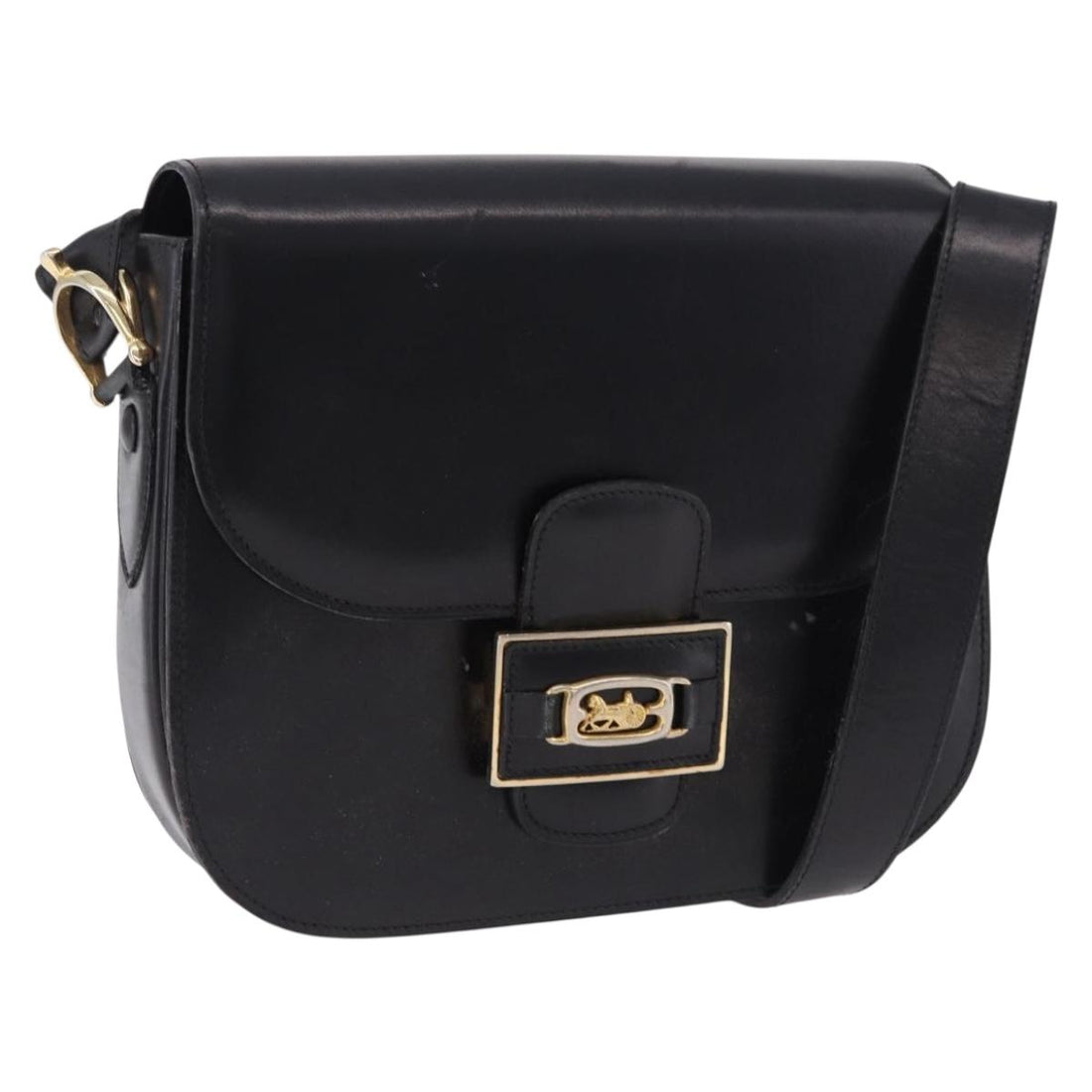 CELINE Horse Carriage Shoulder Bag Leather Black Gold Tone Auth 198510