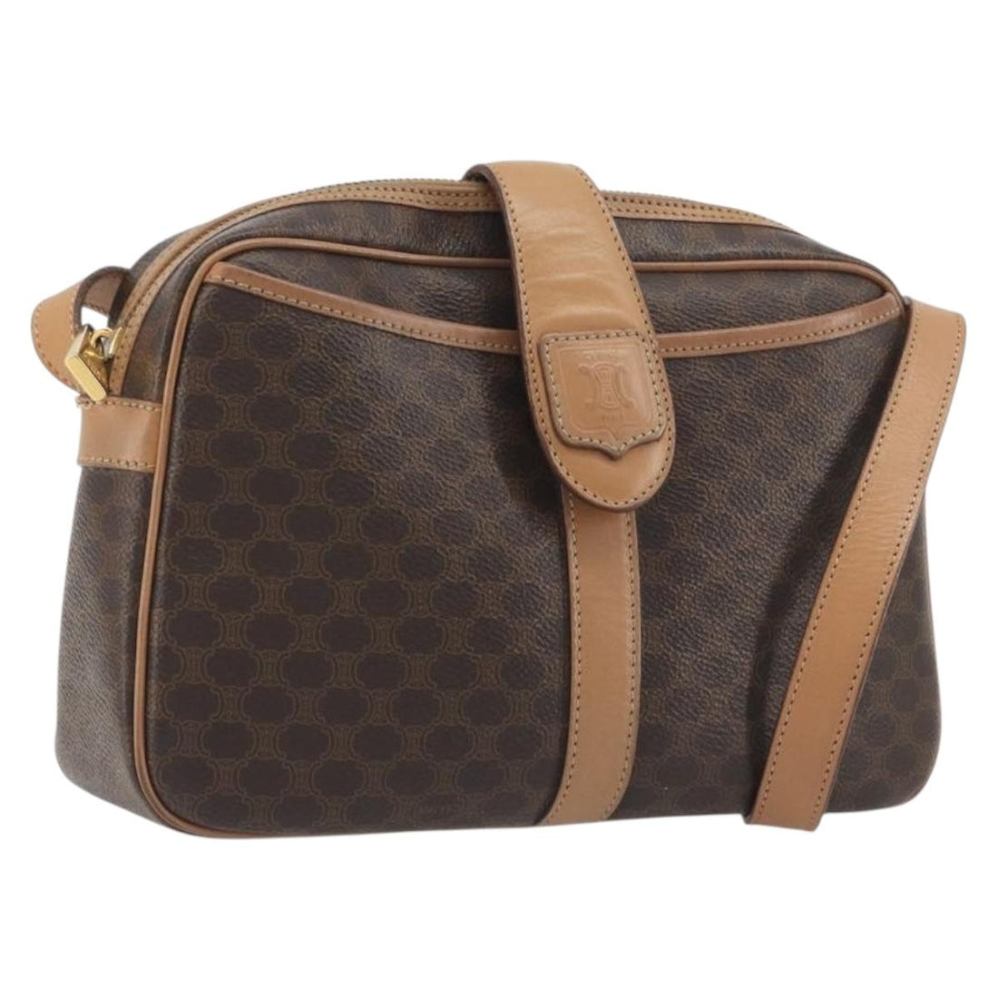 CELINE Macadam Canvas Shoulder Bag PVC Leather Brown Gold Auth mr2845