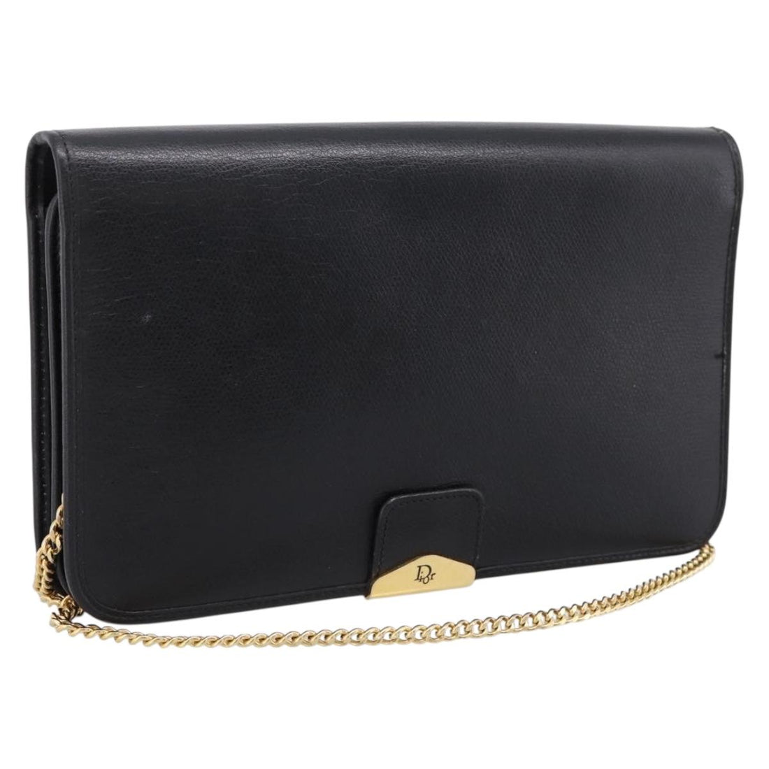 Christian Dior Chain Shoulder Bag Leather Black Gold