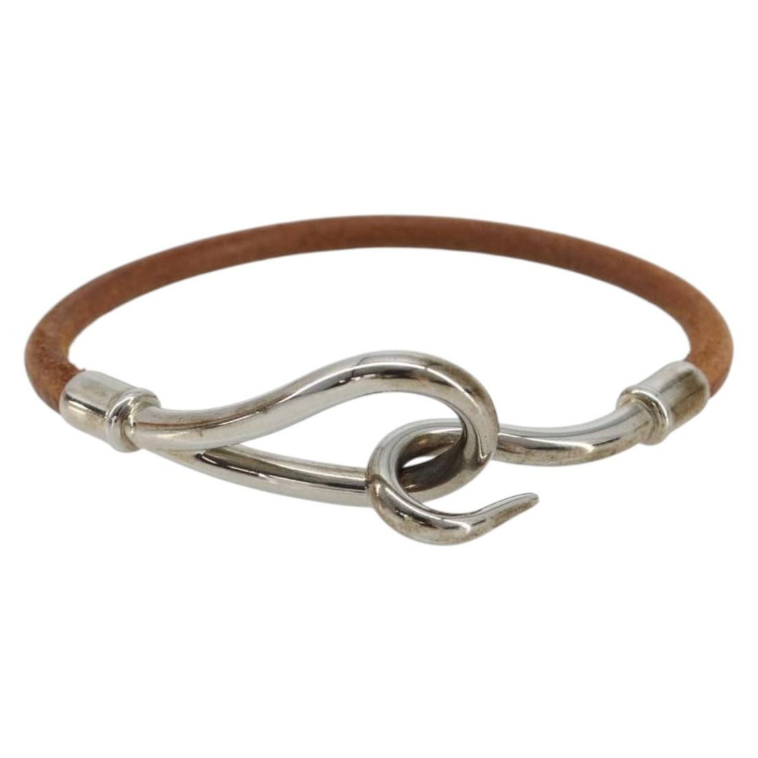 HERMES jumbo Bracelet Leather Metal Brown Silver Auth 198807A