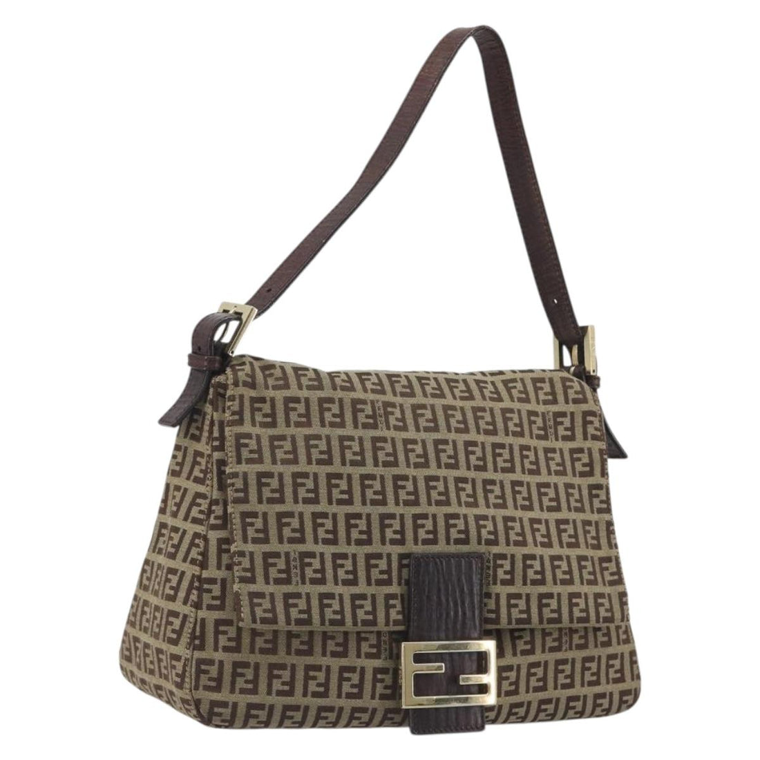 FENDI Zucchino Canvas Mamma Baguette Shoulder Bag Beige Gold Auth 197308V