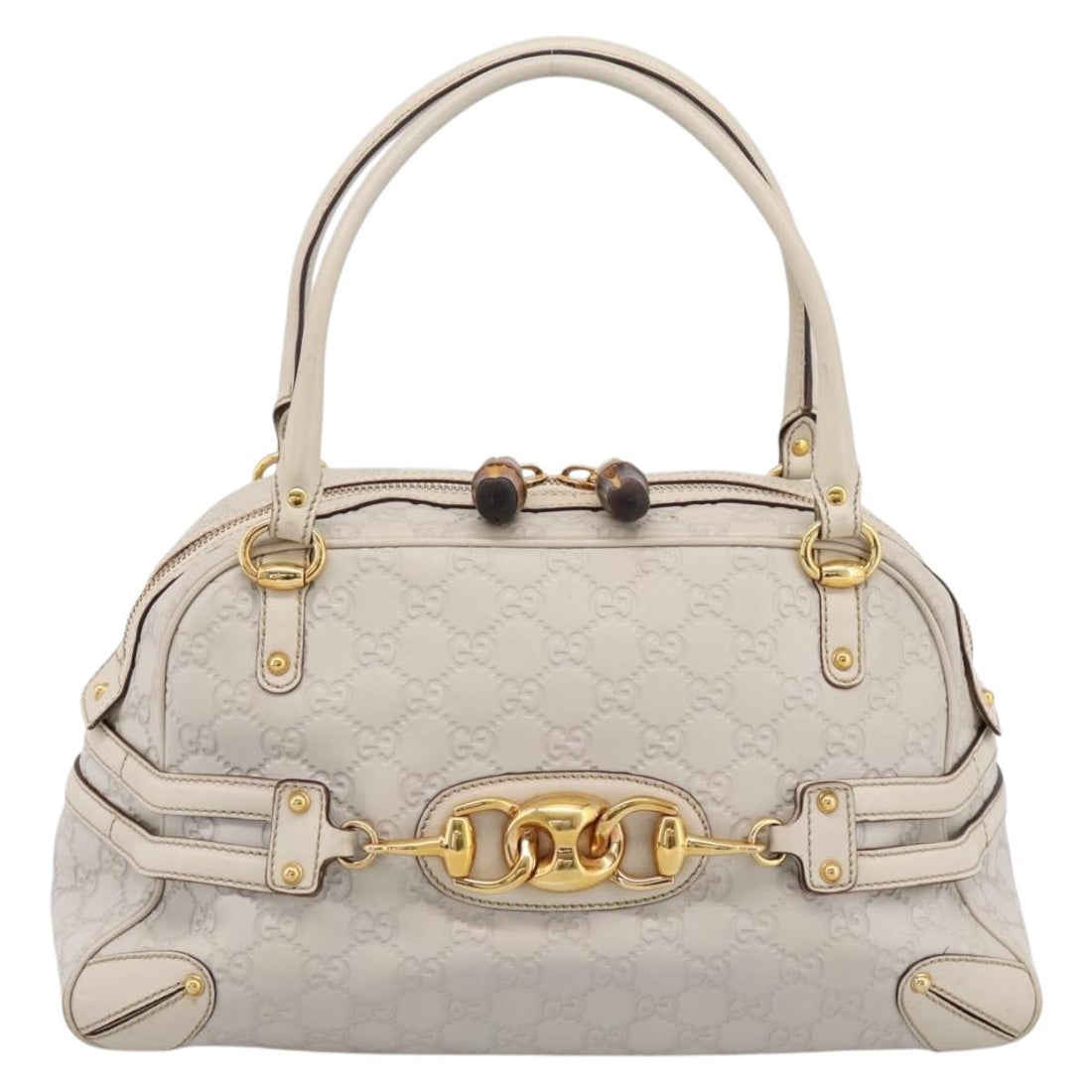 GUCCI GG Canvas Guccissima Horsebit Bamboo Bag Leather Ivory 159398 Auth 198338V