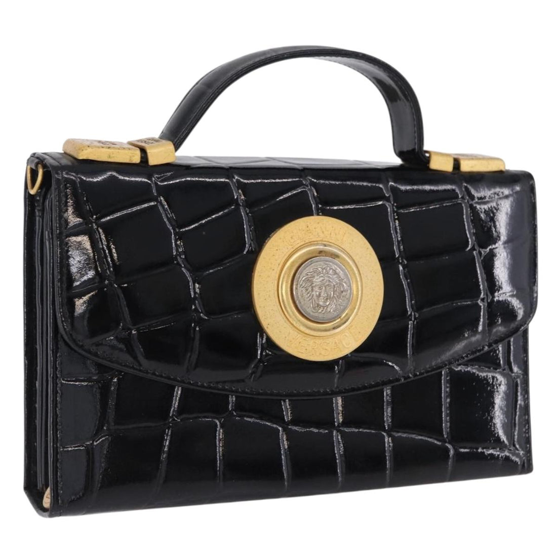 Gianni Versace Medusa Hand Bag Patent Black Gold Tone Auth BA14906A