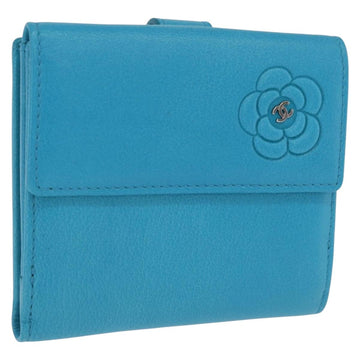 Chanel Camelia Wallet Leather Blue Silver CC