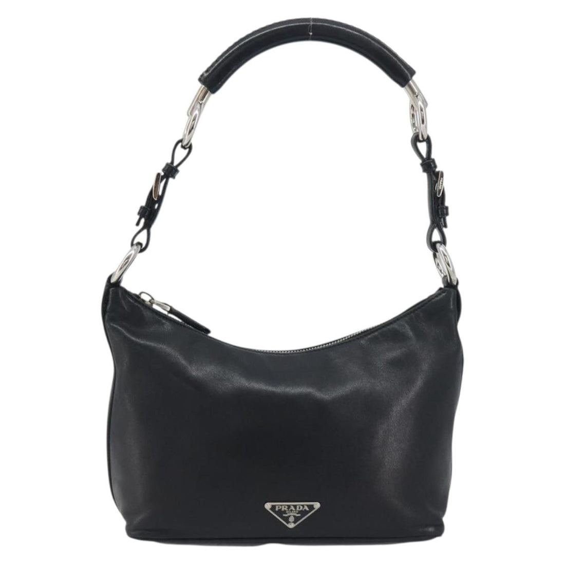 PRADA Hand Bag Leather Black Silver Auth 197326V