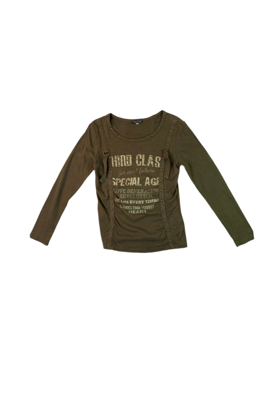 Fleur & Parfum Women's Medium Crew Neck Studded Graphic Long Sleeve Shirt