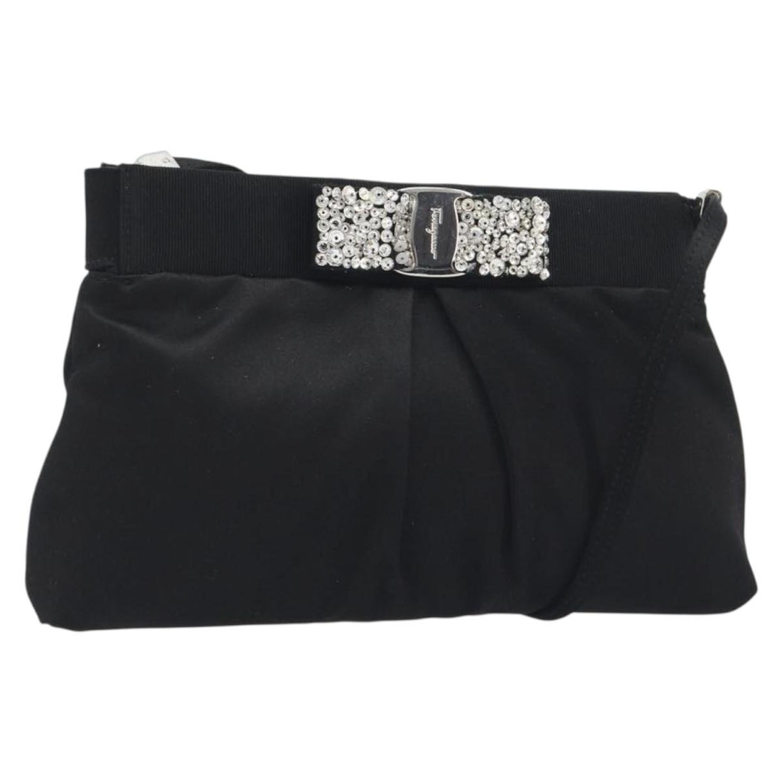 Salvatore Ferragamo Vala Shoulder Bag Satin Black Silver Auth 196662A