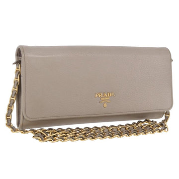 PRADA Chain Shoulder Long Wallet Vittero Dino Leather Gray Gold Auth 198791A