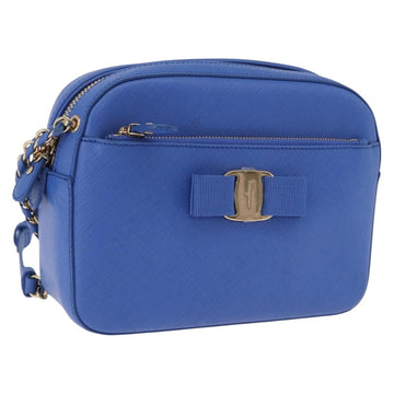 Salvatore Ferragamo Vala Chain Shoulder Bag Leather Blue Gold Auth 197212V