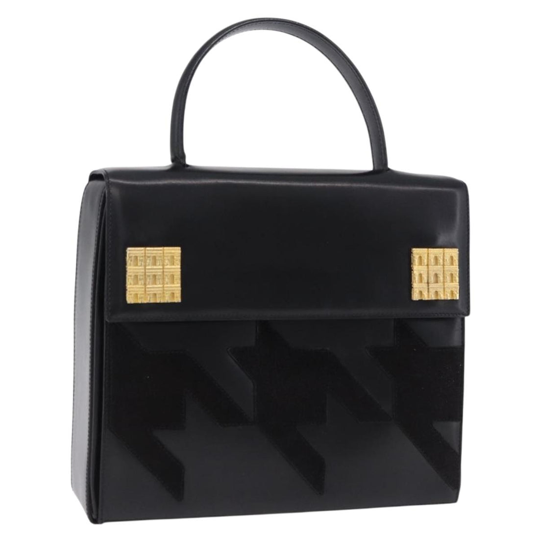 CELINE Hand Bag Leather Black Gold Tone Auth 198516V