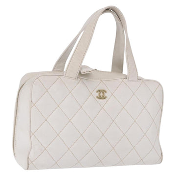 CHANEL Wild Stitch Hand Bag Leather White Gold Tone CC Auth 198377A