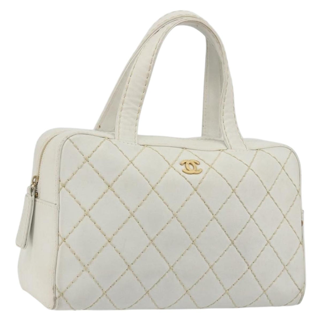 CHANEL Wild stitch Hand Bag Leather White Gold Tone CC Auth BA14785A