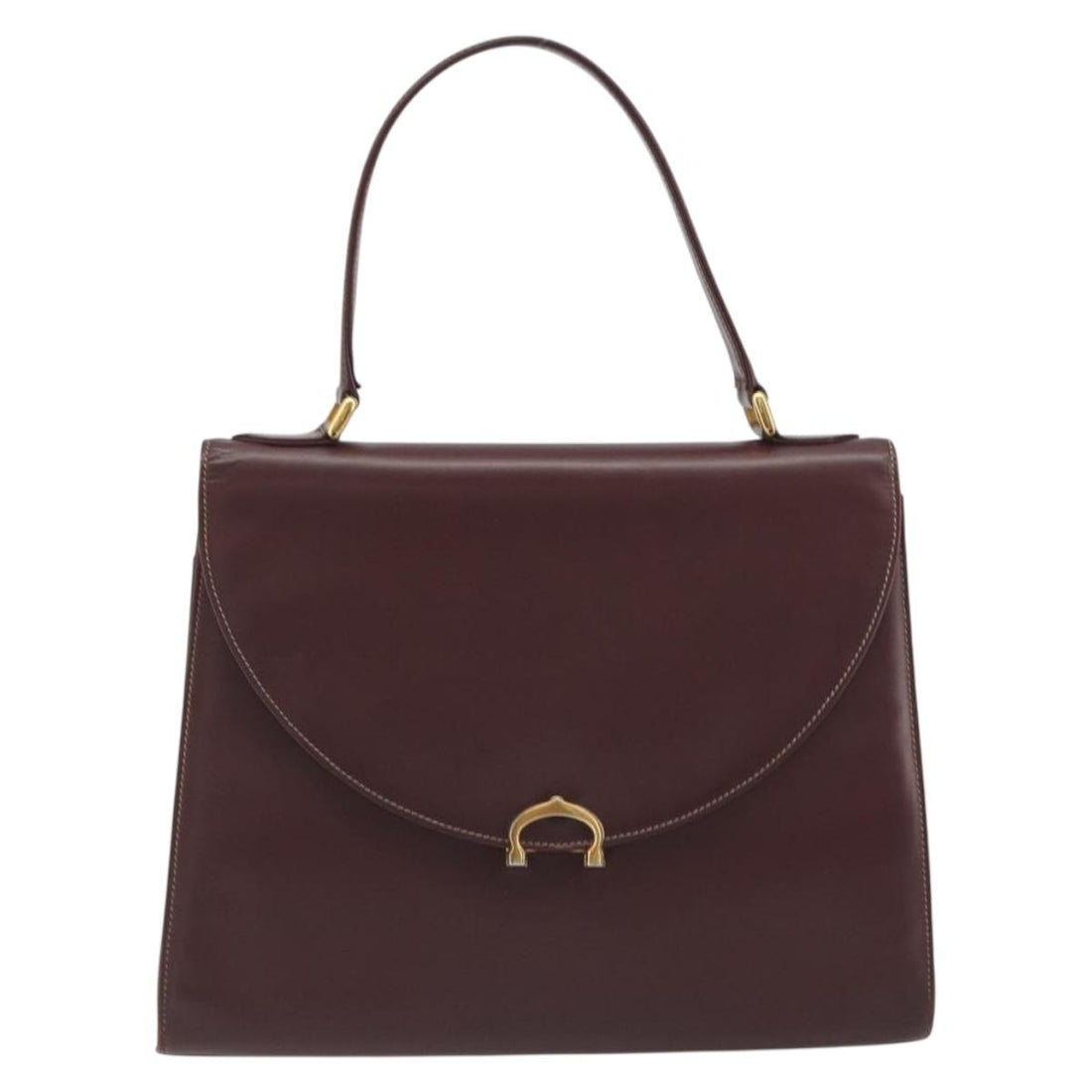 CARTIER Hand Bag Leather Bordeaux Gold Tone Auth BA14995