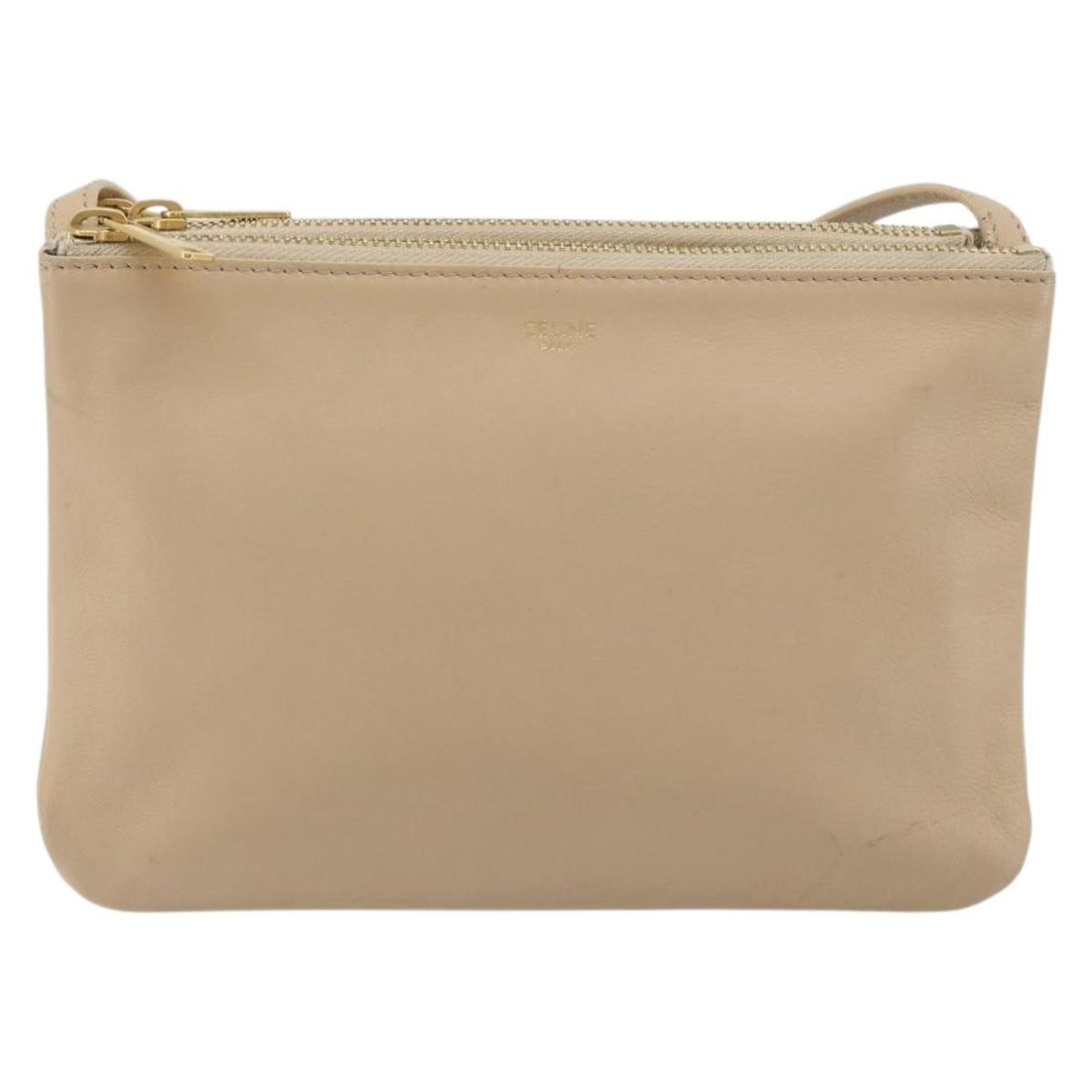 CELINE Trio Shoulder Bag Leather Beige Gold Auth 198683A