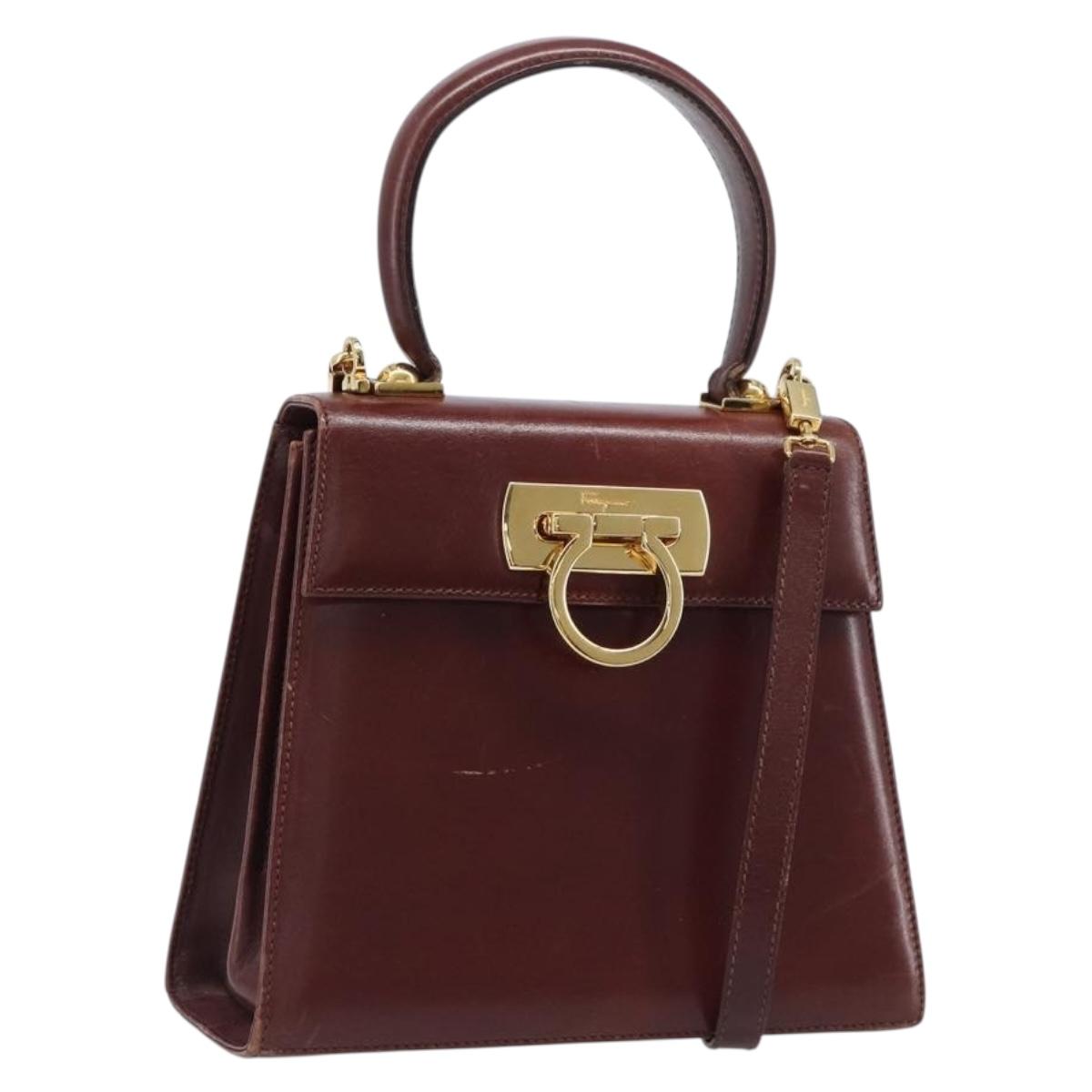 Salvatore Ferragamo Gancini Handbag Leather 2way Brown Gold