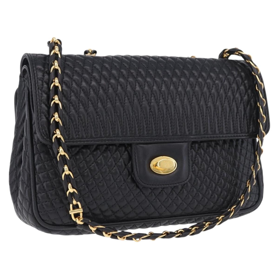 BALLY Chain Shoulder Bag Leather Black Gold Auth kk707A