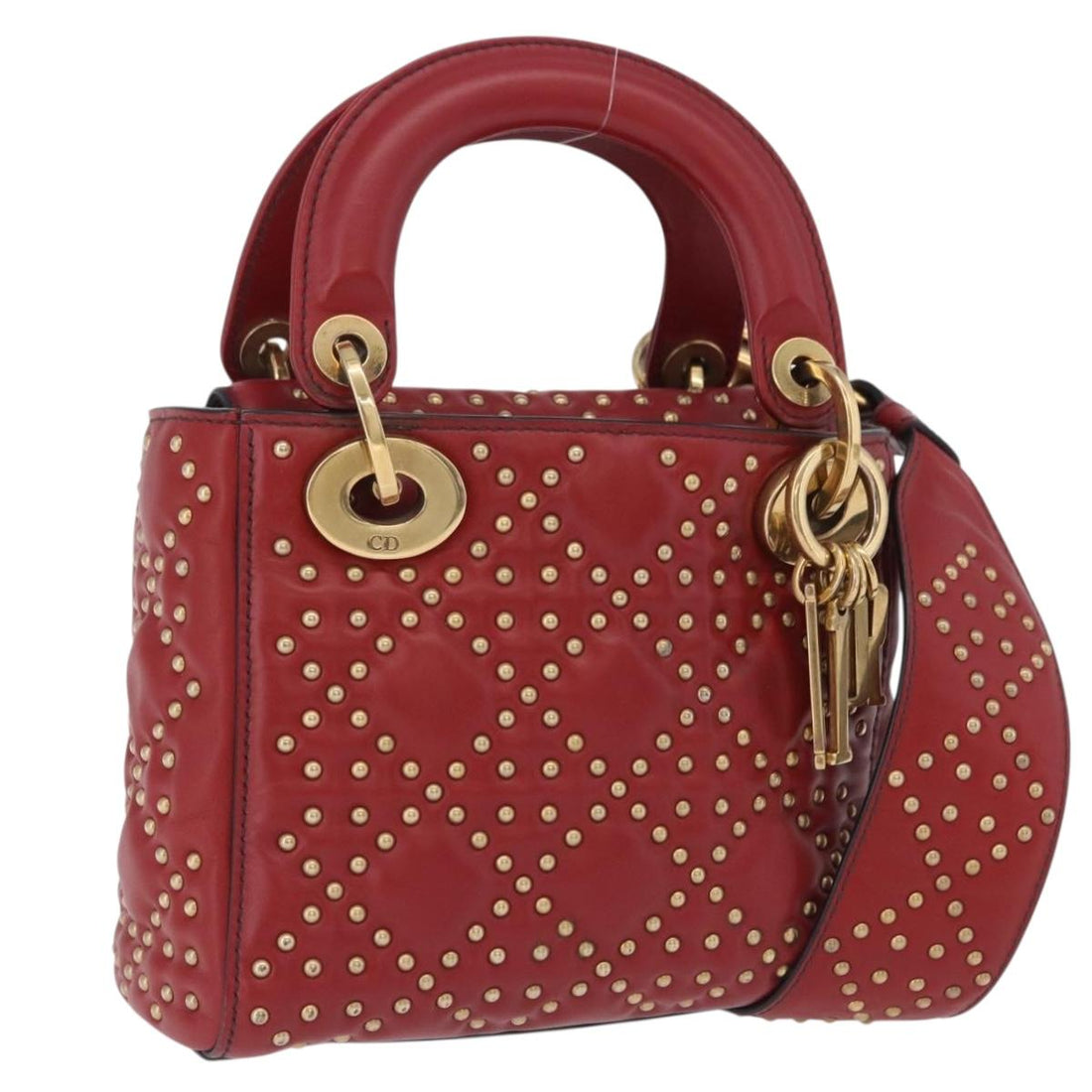 Christian Dior Lady Dior Canage Handbag Lamb Skin 2way Red Gold