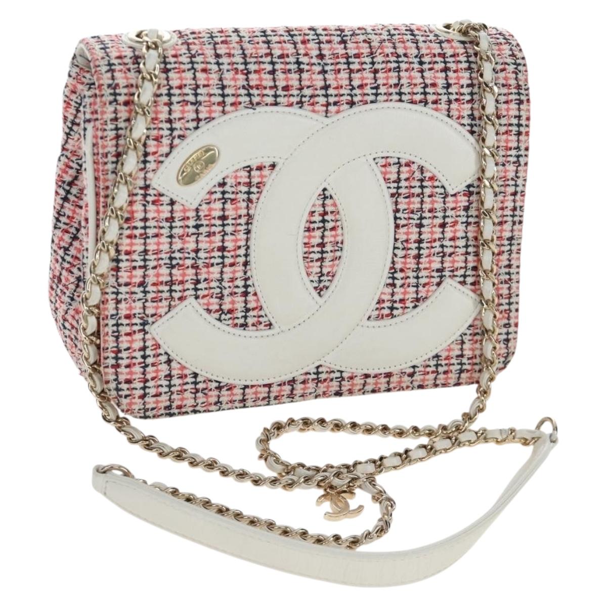Chanel Flap Pouch Chain Shoulder Bag Tweed Red Gold Tone CC