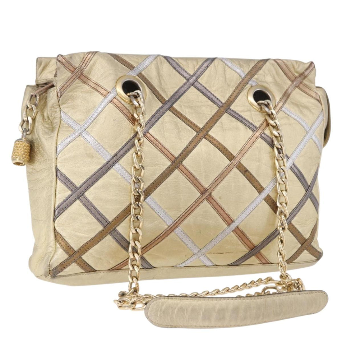 BALLY Chain Shoulder Bag Leather Gold Auth 196346