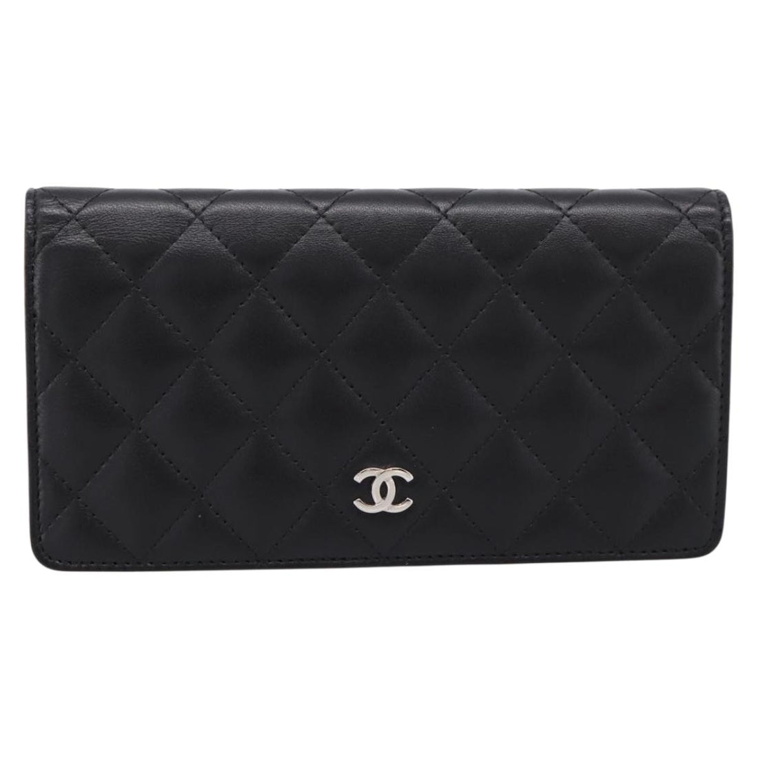 CHANEL Matelasse Long Wallet Lamb Skin Black CC Auth am12350M