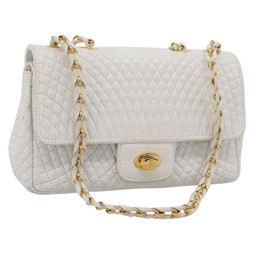 BALLY Chain Shoulder Bag Leather White Gold Tone Auth 196398
