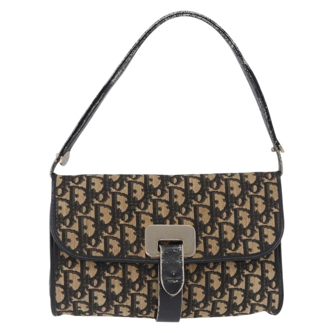Christian Dior Trotter Canvas Shoulder Bag Navy Gold Auth BA15128