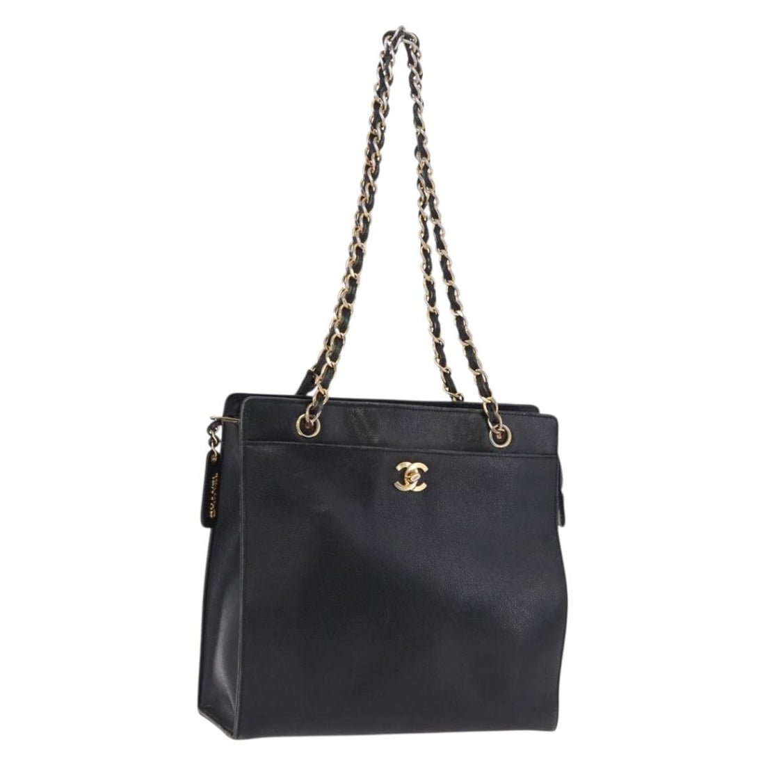 CHANEL Chain Tote Bag Caviar Skin Black Gold CC Auth BA15172