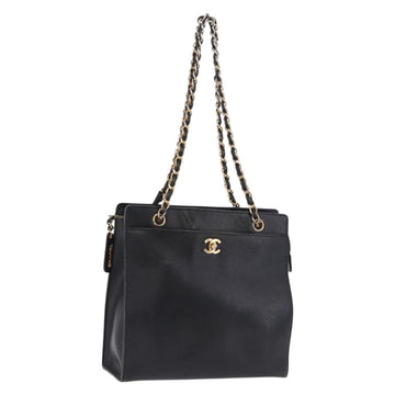 CHANEL Chain Tote Bag Caviar Skin Black Gold CC Auth BA15172