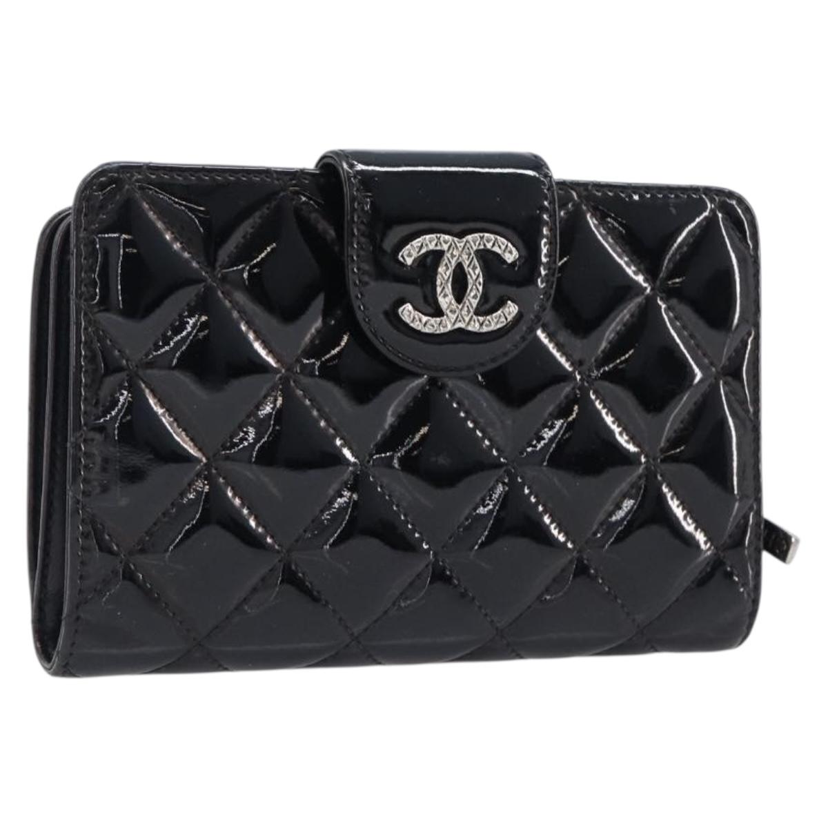 Chanel Matelasse Wallet Patent Leather Black Silver CC