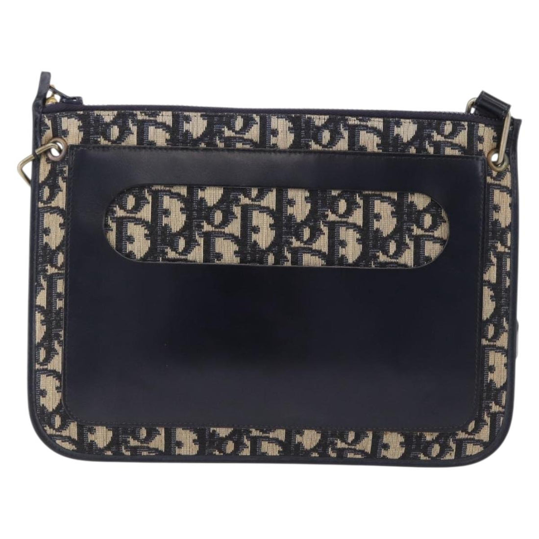 Christian Dior Trotter Canvas Shoulder Bag Navy Gold Tone Auth 198511A