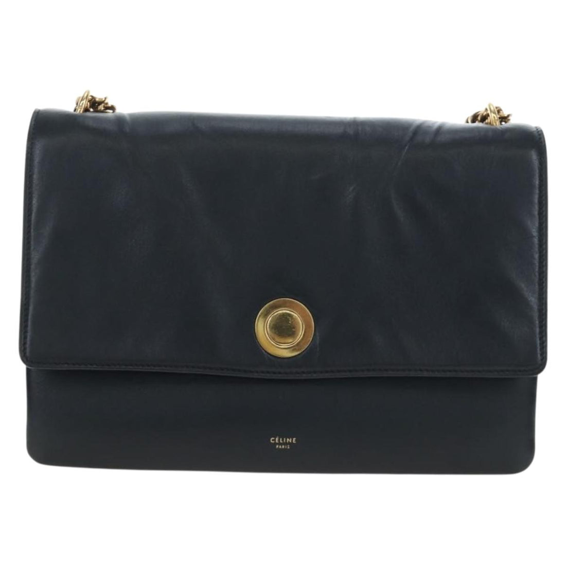CELINE Chain Shoulder Bag Leather Black Gold Tone Auth BA14803V