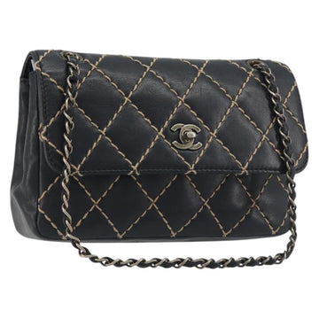 CHANEL Wild Stitch Chain Shoulder Bag Leather Black Gold CC Auth 198302V