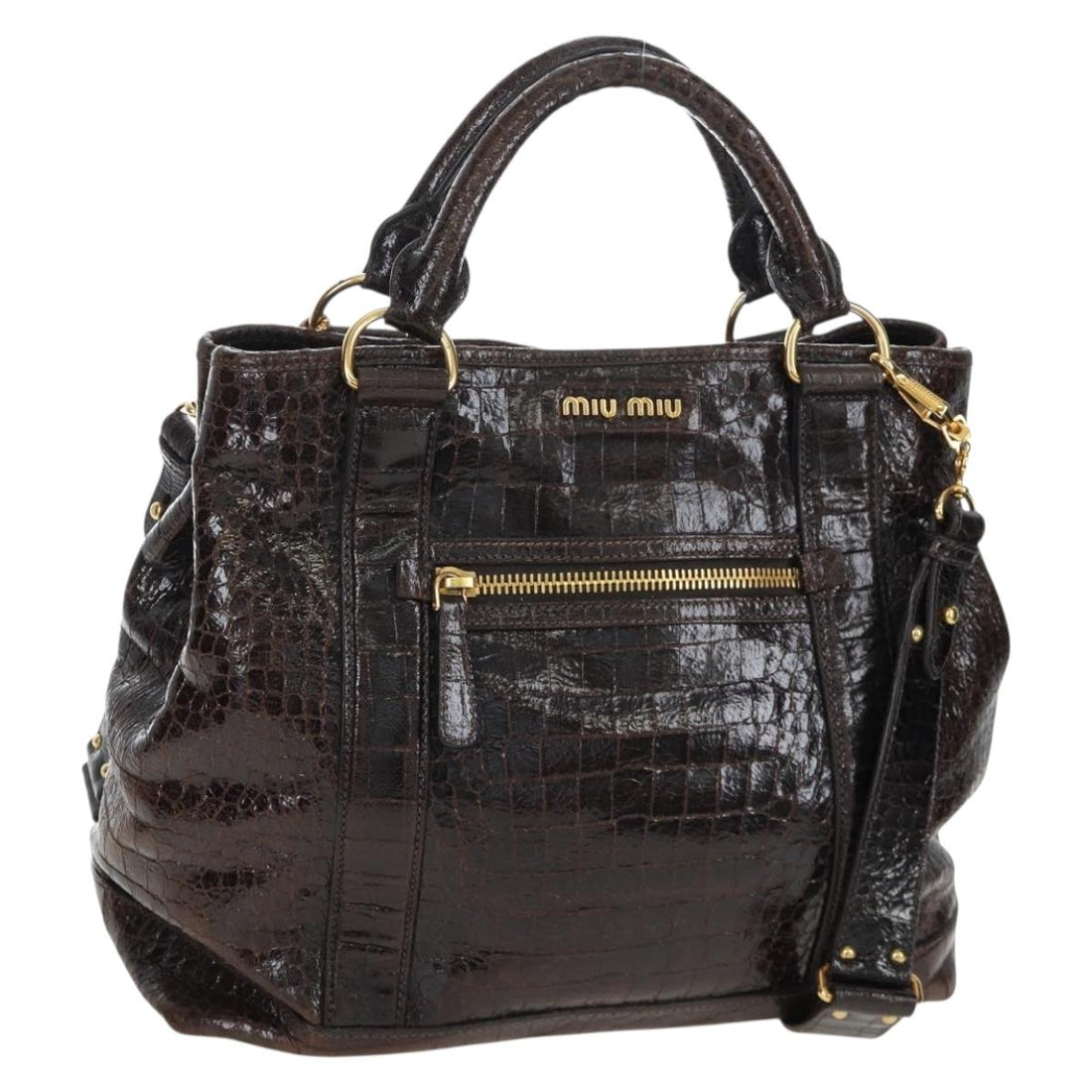 Miu Miu Handbag Crocodile Embossed Leather 2way Brown Gold