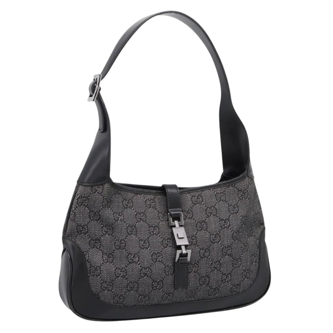 GUCCI GG Canvas Jackie Shoulder Bag Black Silver 01147 Auth 198724V