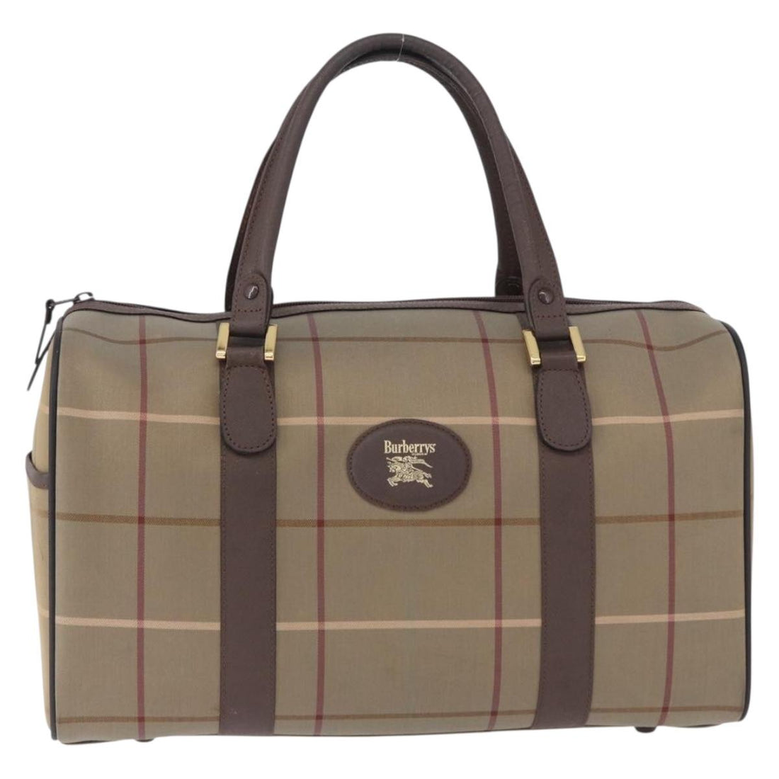 Burberrys Nova Check Boston Bag Canvas Beige Gold Tone Auth 198326