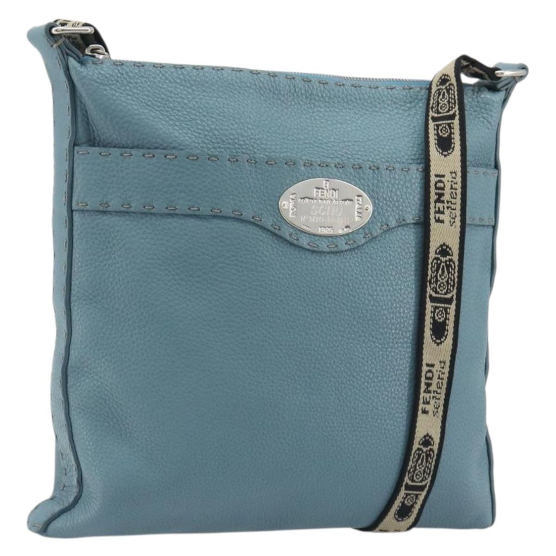 FENDI Celeria Shoulder Bag Leather Light Blue Silver 8BT109 Auth BA14891A