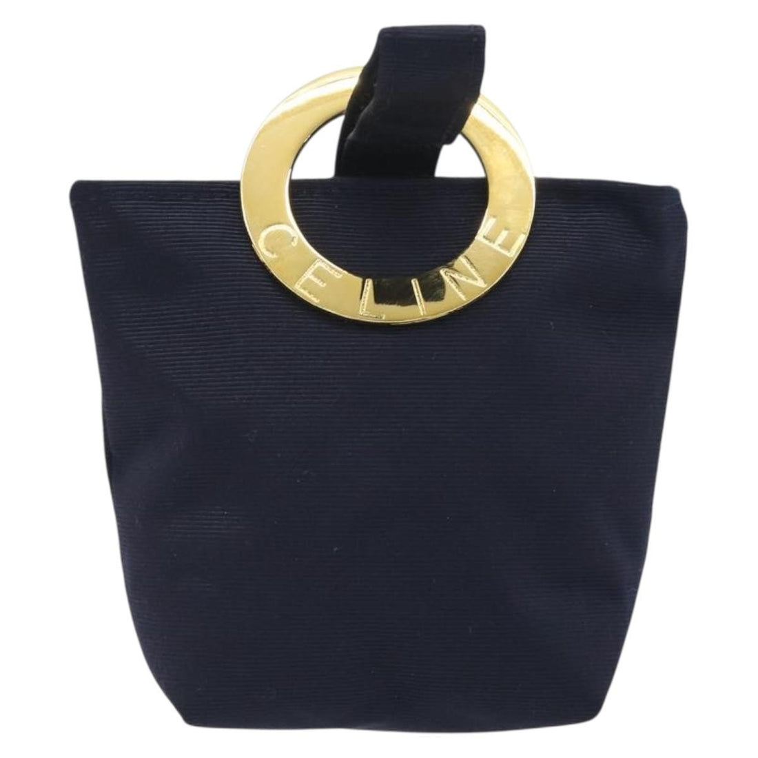 CELINE Circle Pouch Canvas Navy Gold Auth 197576A
