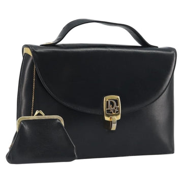 Christian Dior Calf Skin Hand Bag Leather Black Gold Tone Auth 196420