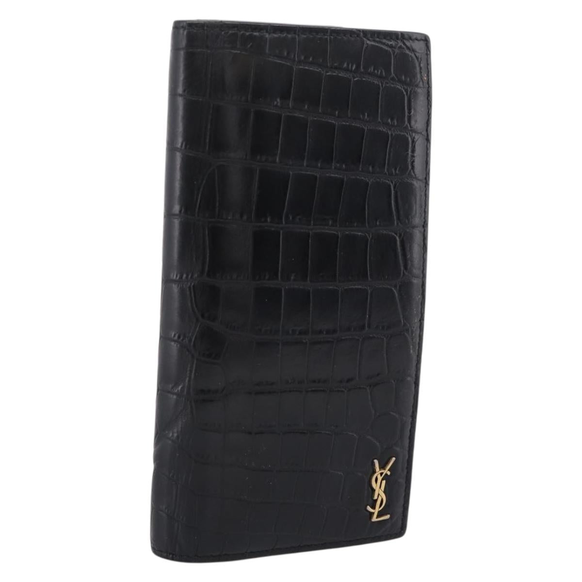 Saint Laurent Long Wallet Croco Embossed Black Gold