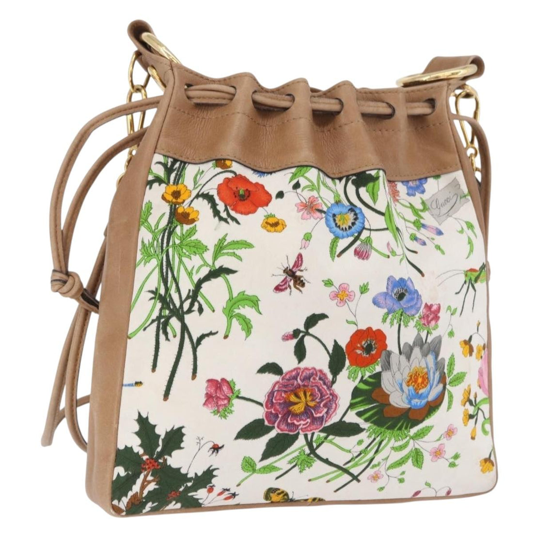 GUCCI Flora Drawstring Shoulder Bag Canvas White Beige Auth BA14894A