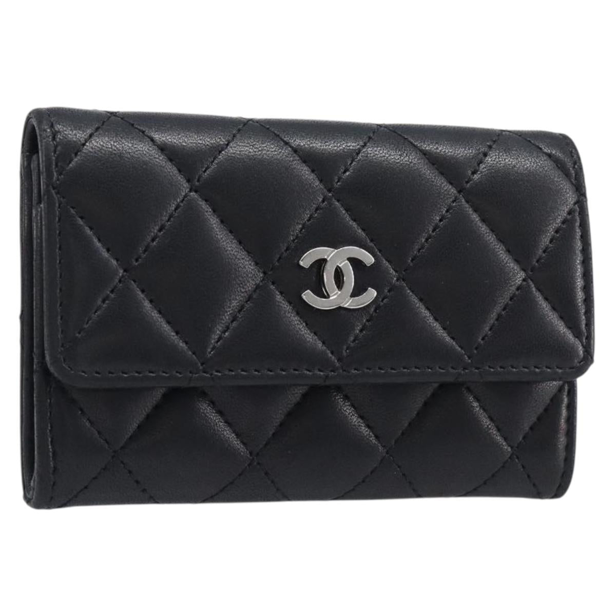 Chanel Matelasse Card Case Lamb Skin Black Silver CC