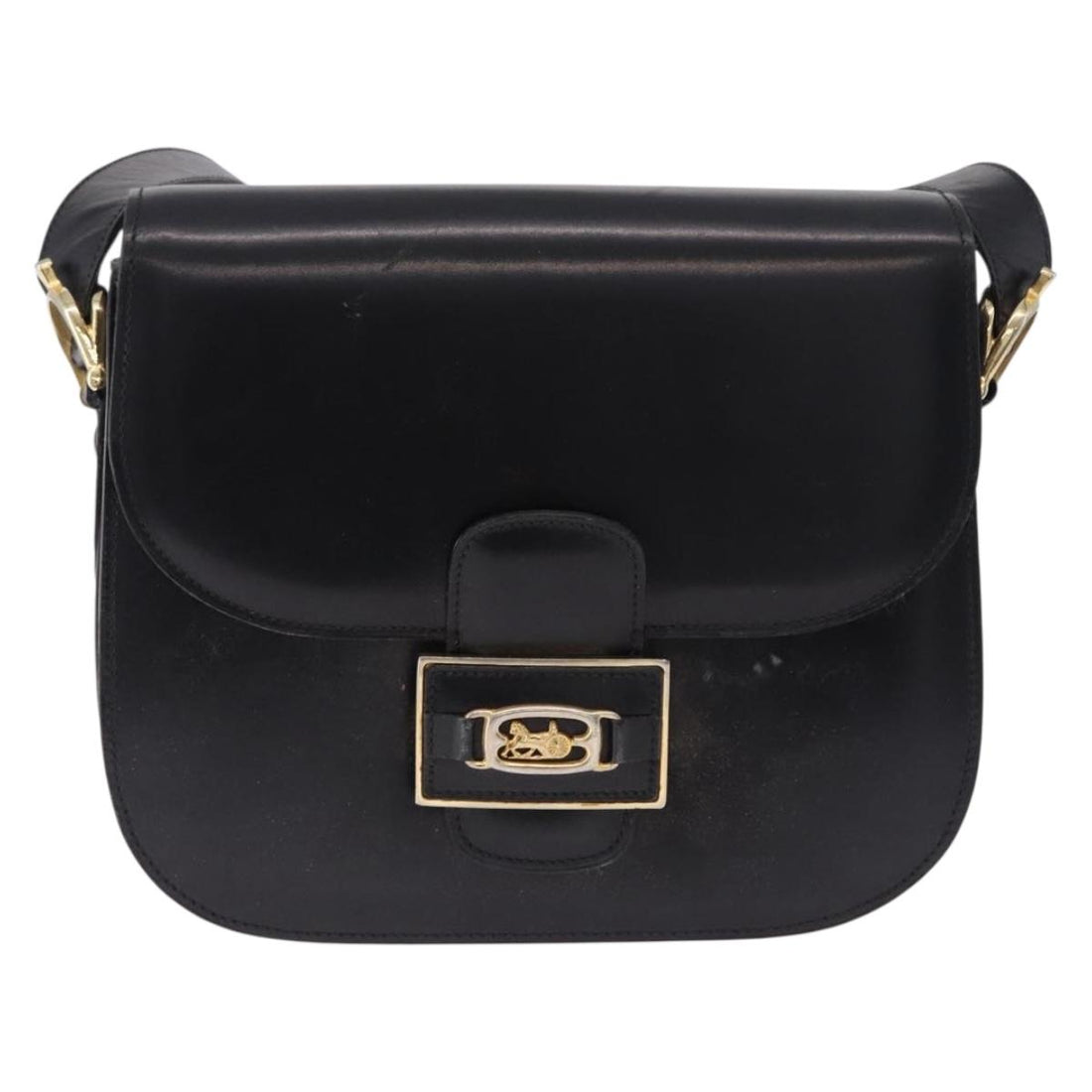 CELINE Horse Carriage Shoulder Bag Leather Black Gold Tone Auth 198510