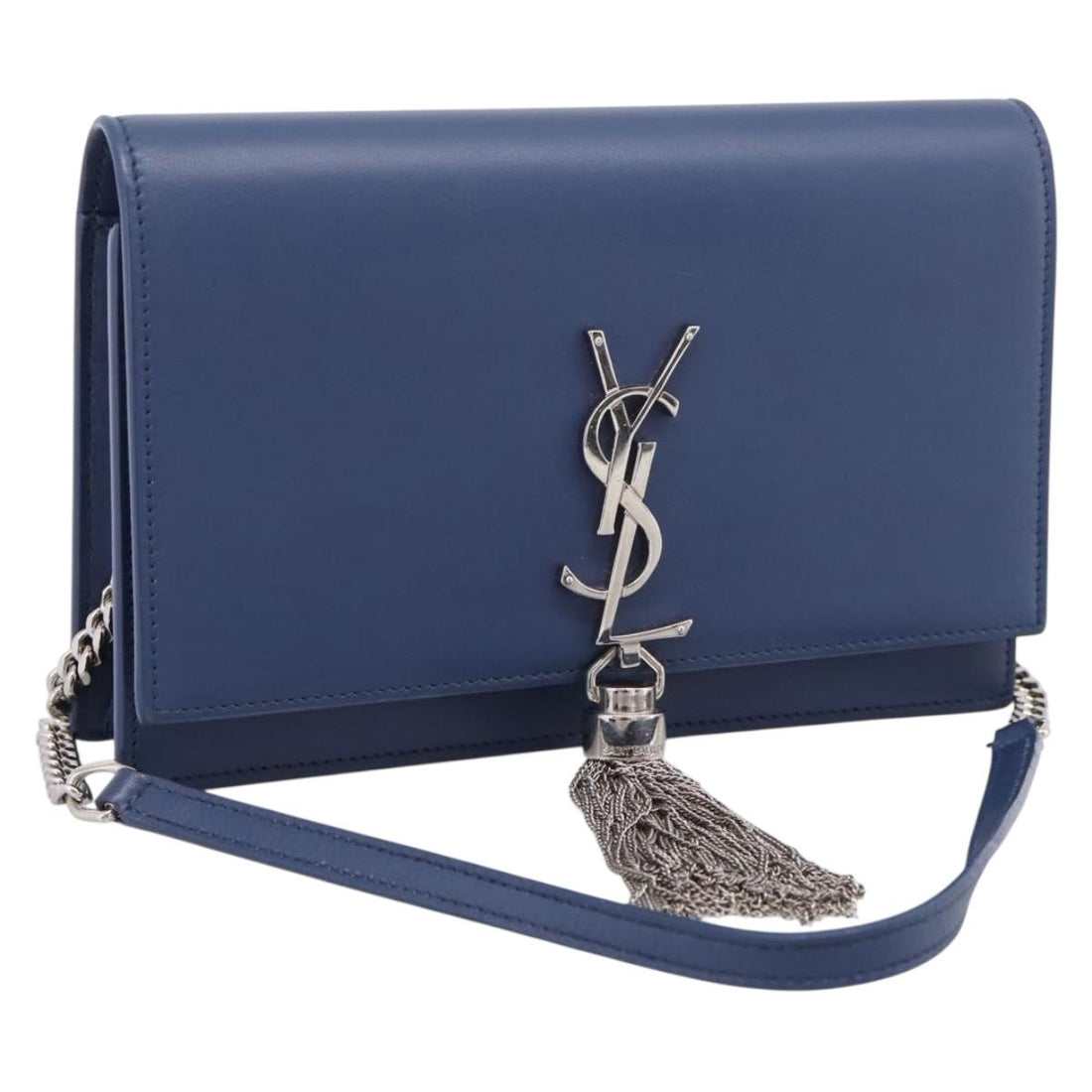 SAINT LAURENT Kate Chain Shoulder Wallet Leather Navy Silver Auth ka5752V