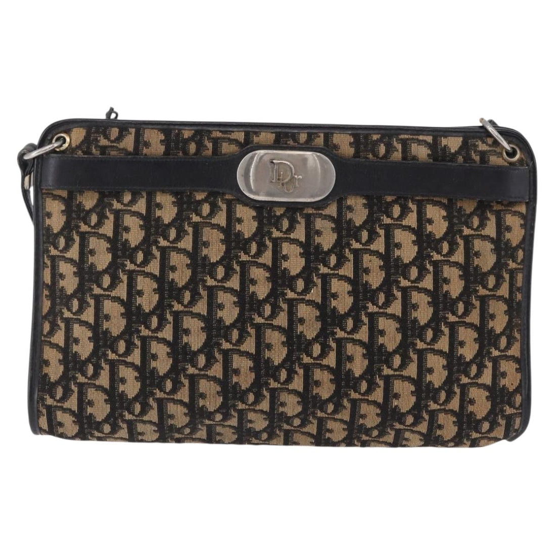 Christian Dior Trotter Canvas Shoulder Bag Navy Gold Auth BA15147