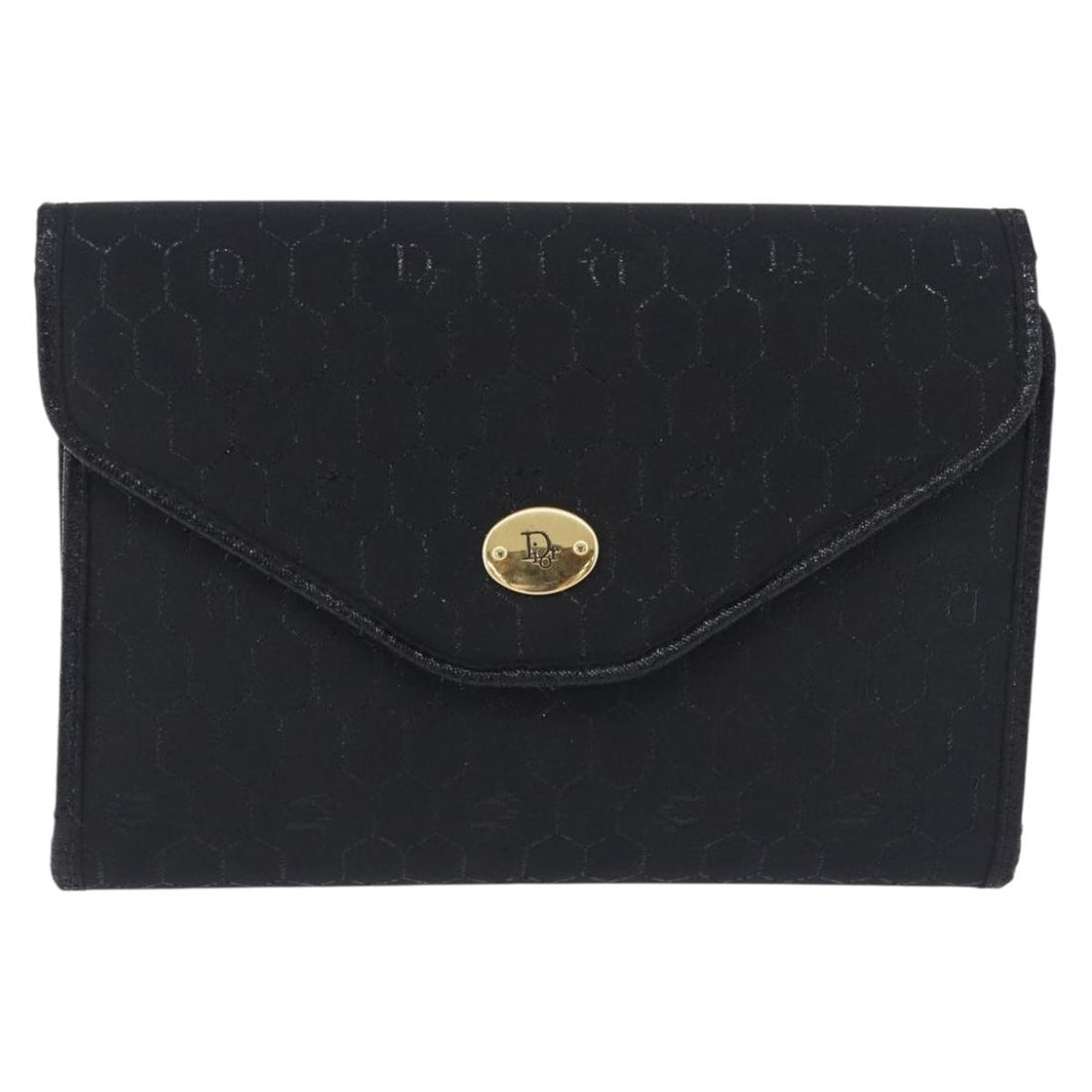 Christian Dior Honeycomb Chain Shoulder Bag Canvas Black Gold Tone Auth BA14988V