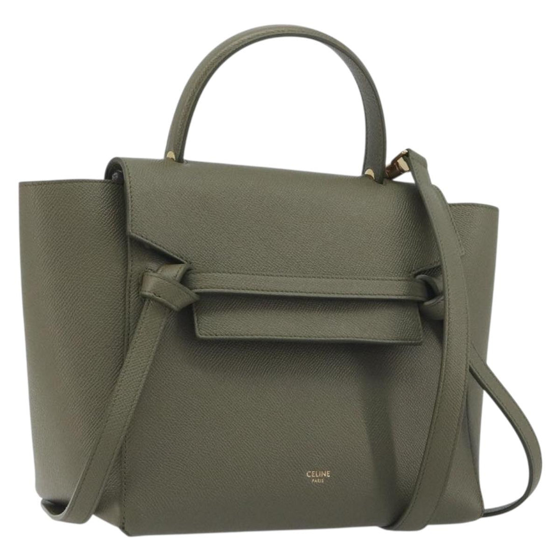 CELINE Belt Bag Leather Khaki Gold Tone Auth BA14799M