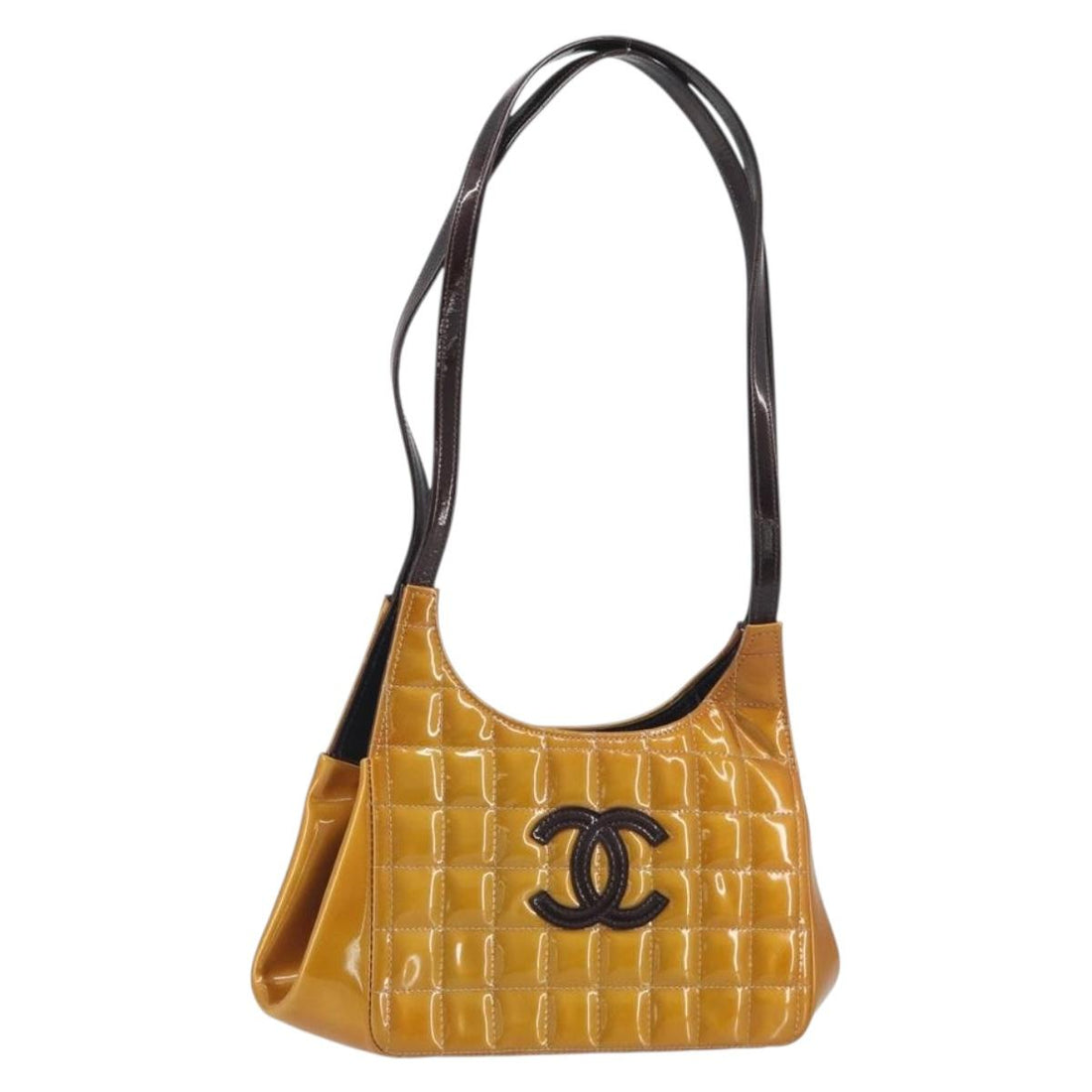 CHANEL Choco Bar line Shoulder Bag Patent leather Orange Silver CC Auth 197037A