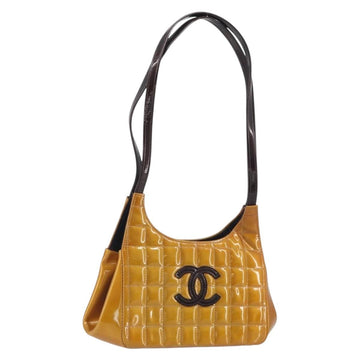 CHANEL Choco Bar line Shoulder Bag Patent leather Orange Silver CC Auth 197037A